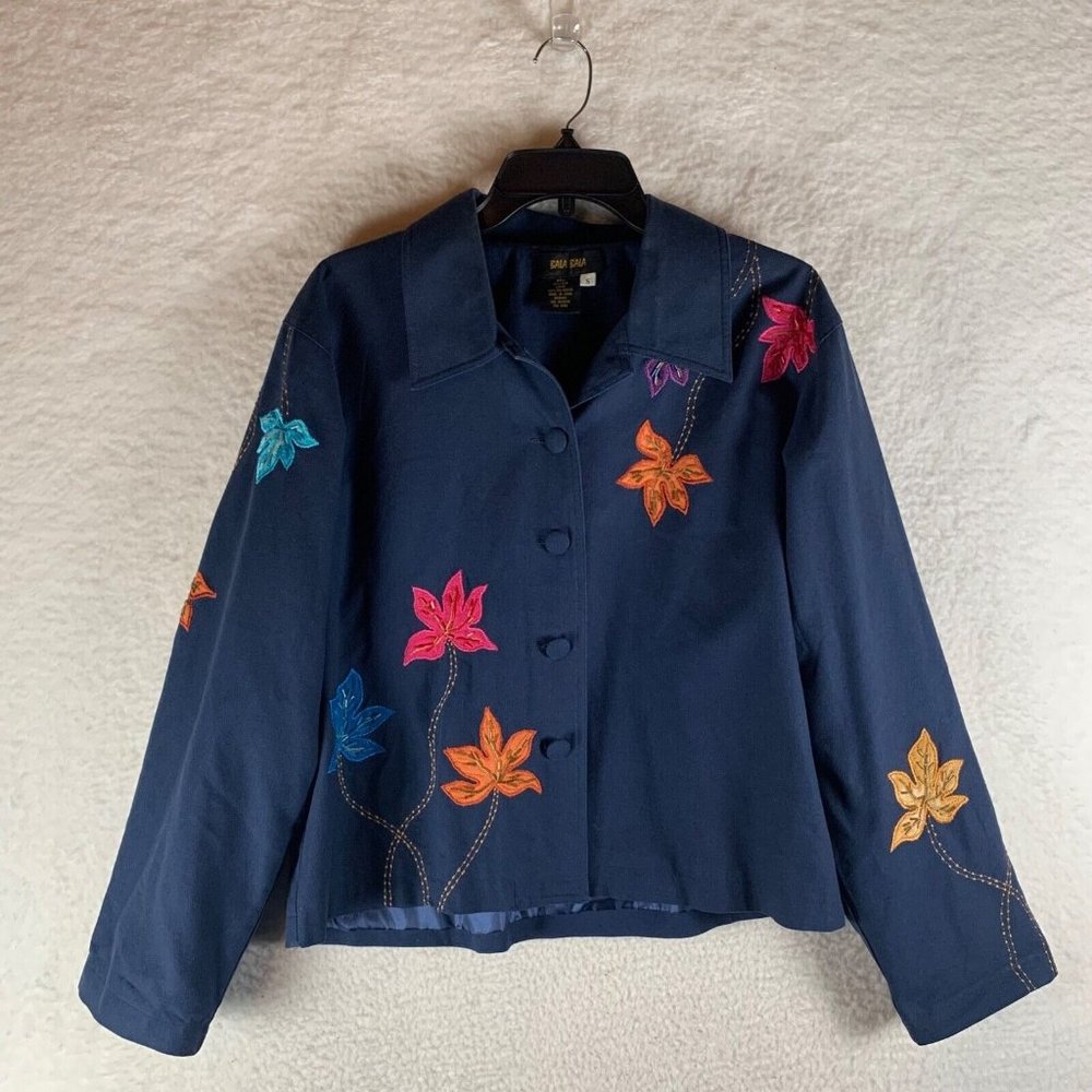 Bala Bala Women's Navy Silk Floral Embroidery Beaded Blazer‎ Jacket Size S 8728